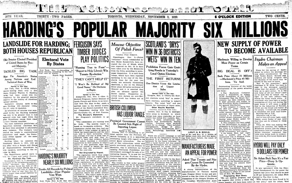 1920: Landslide for Warren Harding, whose majority of “six millions” sets a record. Also in the news: Prohibition laws and hydro prices. A copy of the Toronto Daily Star will set you back two cents now.