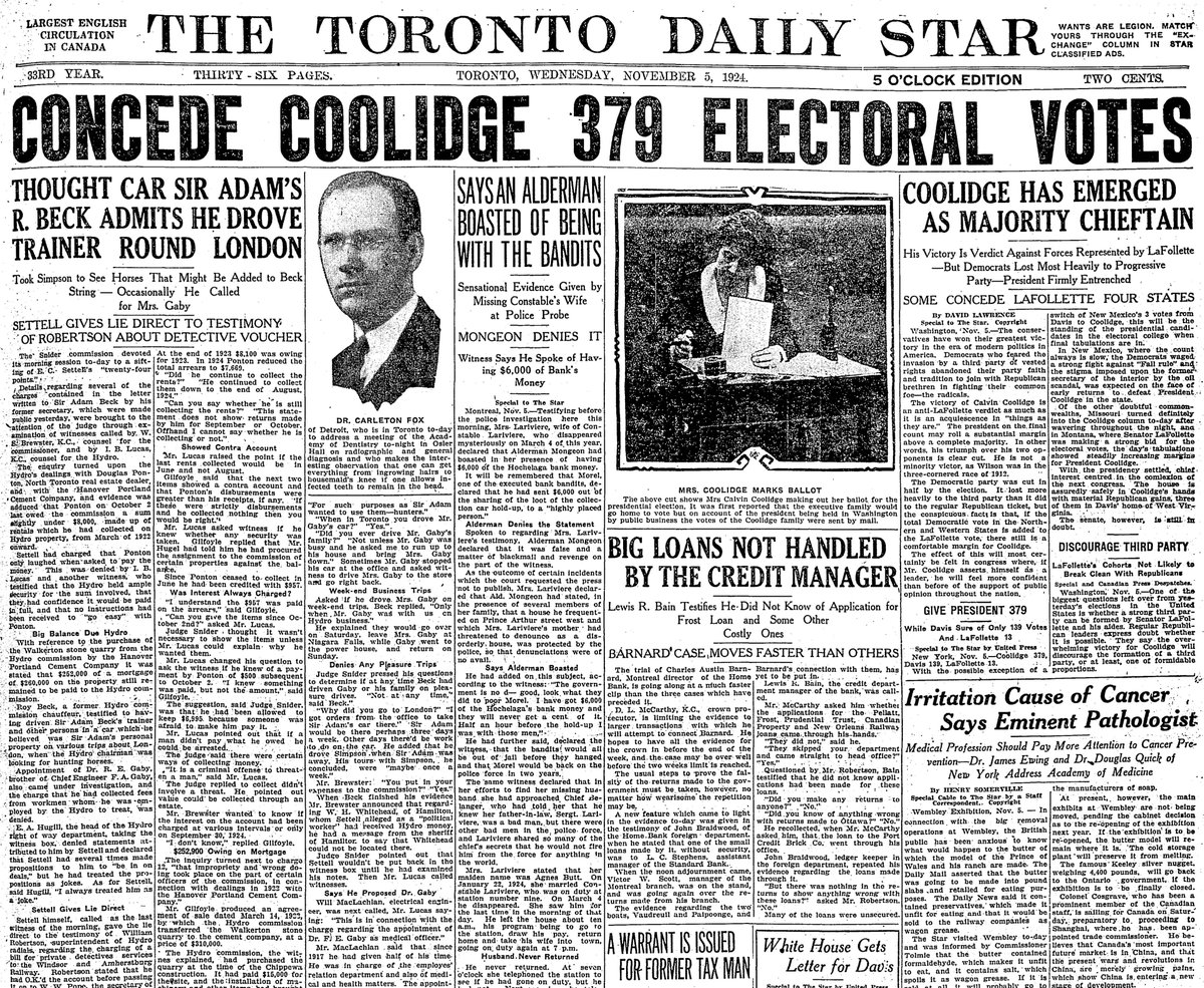 1924: Calvin Coolidge triumphs in a three-party race. Also, news from the British Empire Exhibition at Wembley and, specifically, questions about what will happen to all the butter that was used in a sculpture of the Prince of Wales.