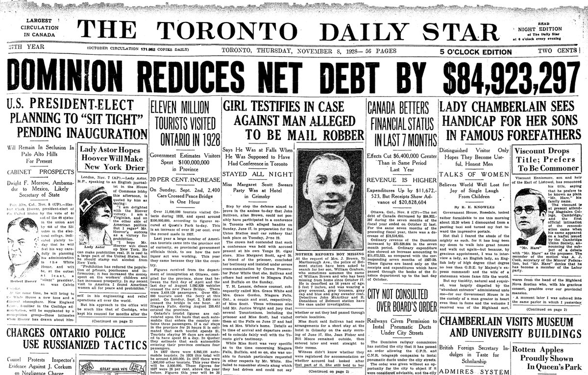1928: The winner, Hoover, plans to “sit tight” in California and be a “silent” president (what a concept) until his inauguration. Lady Astor hopes Hoover will make “New York drier.” Meanwhile in Canada: tourism is up and the national debt is down. The ’20s are still roaring.