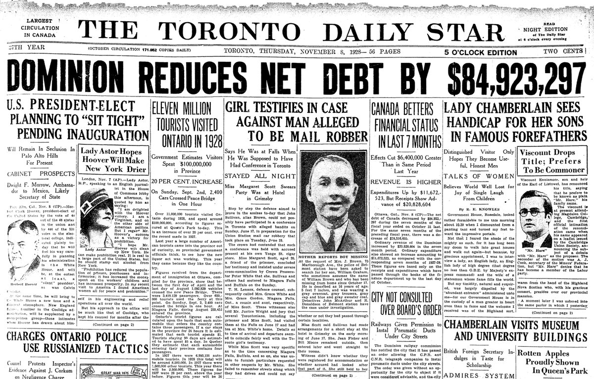 1928: The winner, Hoover, plans to “sit tight” in California and be a “silent” president (what a concept) until his inauguration. Lady Astor hopes Hoover will make “New York drier.” Meanwhile in Canada: tourism is up and the national debt is down. The ’20s are still roaring.