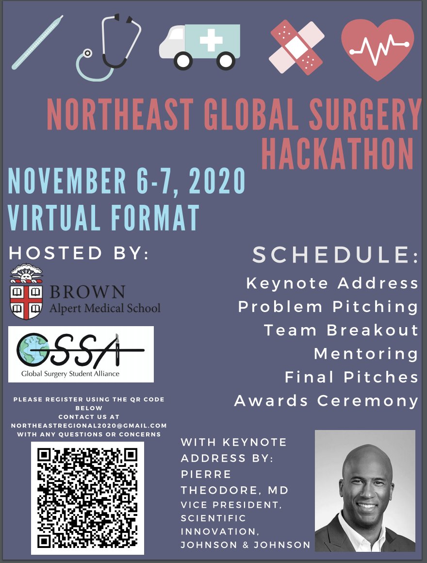 The Brown GSSA invites you to the 2020 Northeast Regional GSSA Hackathon on November 6-7, 2020. This hackathon is an annual opportunity for GSSA chapters in the Northeast to come together and tackle imminent challenges in delivery, access, and infrastructure in global surgery.