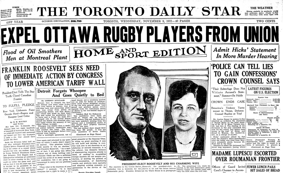 1932: Franklin D. Roosevelt’s win ushers in a new political era. FDR and his “charming wife” (who’s not even named) get photos above the fold, but a rugby scandal scores the biggest headline. Matthew Halton and Gordon Sinclair have bylines; Santa Claus Fund makes a page 1 appeal.