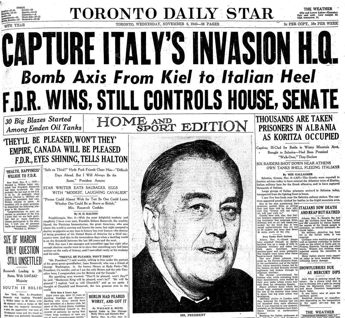 1940: The U.S. has not yet entered the Second World War, which dominates the headlines. FDR wins an unprecedented third term. The Star is proud that its reporter shared a meal of sausage and eggs with the president on election night in his library at Hyde Park.