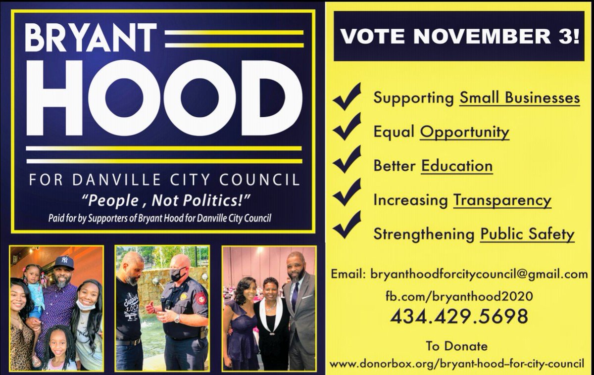 danvilleforward's tweet photo. Bryant Hood will listen to, and work with, people of ALL backgrounds to make #DanvilleVA a better place. Please vote for Hood tomorrow! #PeopleNotPolitics https://t.co/WiTni5V22C