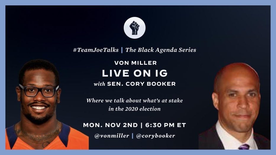 VonMiller's tweet photo. “ Tonight I’m going live on IG to w/ @CoryBooker at 4:30 mst!!! Looking forward to a productive conversation with my guy #teamjoetalks” https://t.co/JaBbe59vd4