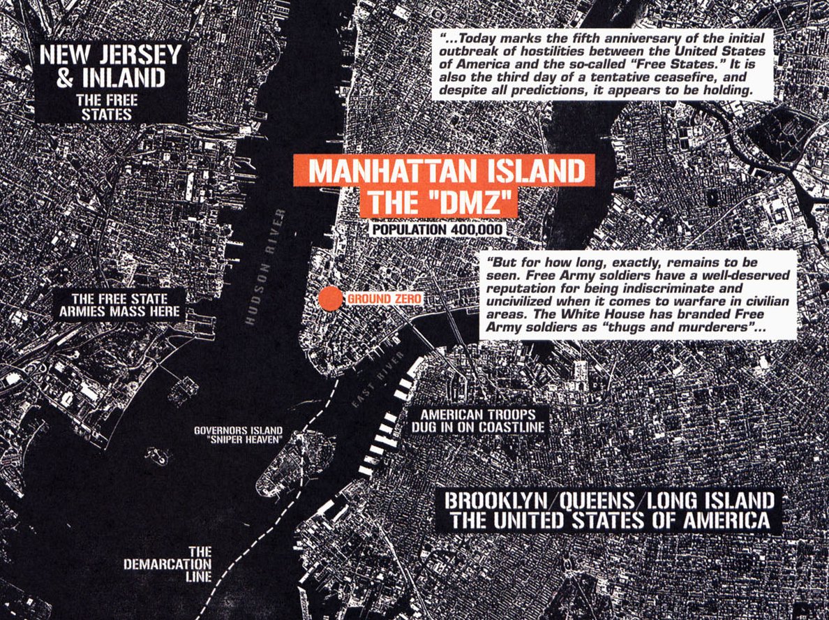 After the Battle of Allentown, the conflict devolved into an irregular guerrilla war rather than traditional full military confrontation. Lines evolved into a sort of stalemate. And New York City became contested territory: Brooklyn held by the US, Jersey by the Free States