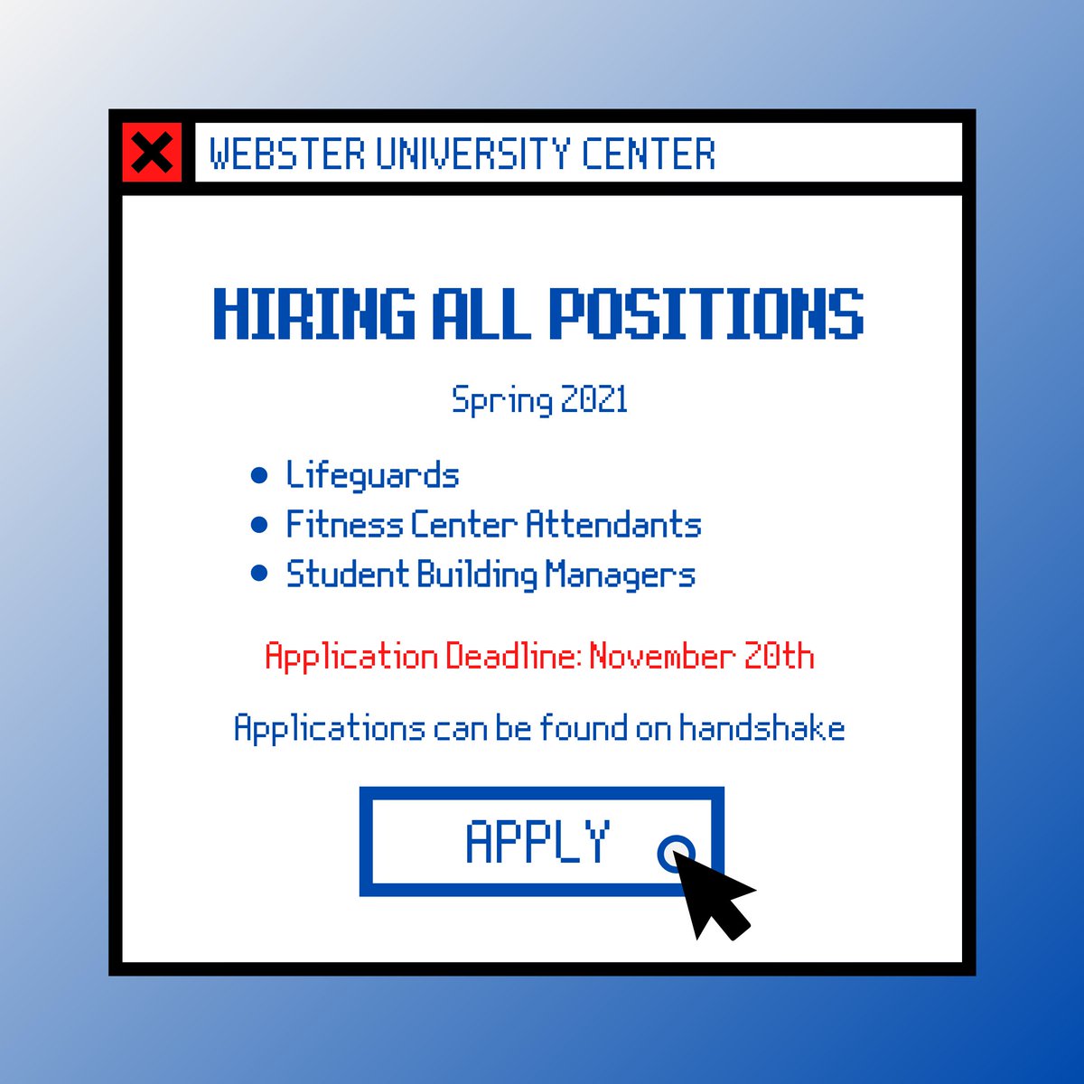 WebsterUC's tweet photo. The University Center is hiring! Email websteruc@webster.edu with any questions. https://t.co/1SurLUCzft