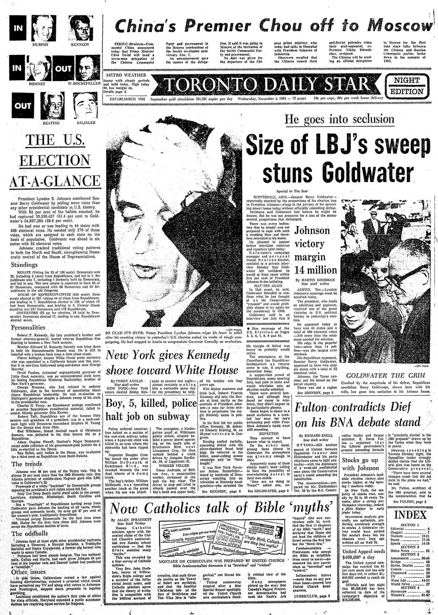 1964: “Goldwater the Grim” licks his wounds, the Republican challenger stunned by the scale of his loss to Lyndon Johnson. Also: Bobby Kennedy wins a Senate seat, giving him a “shove toward White House.”