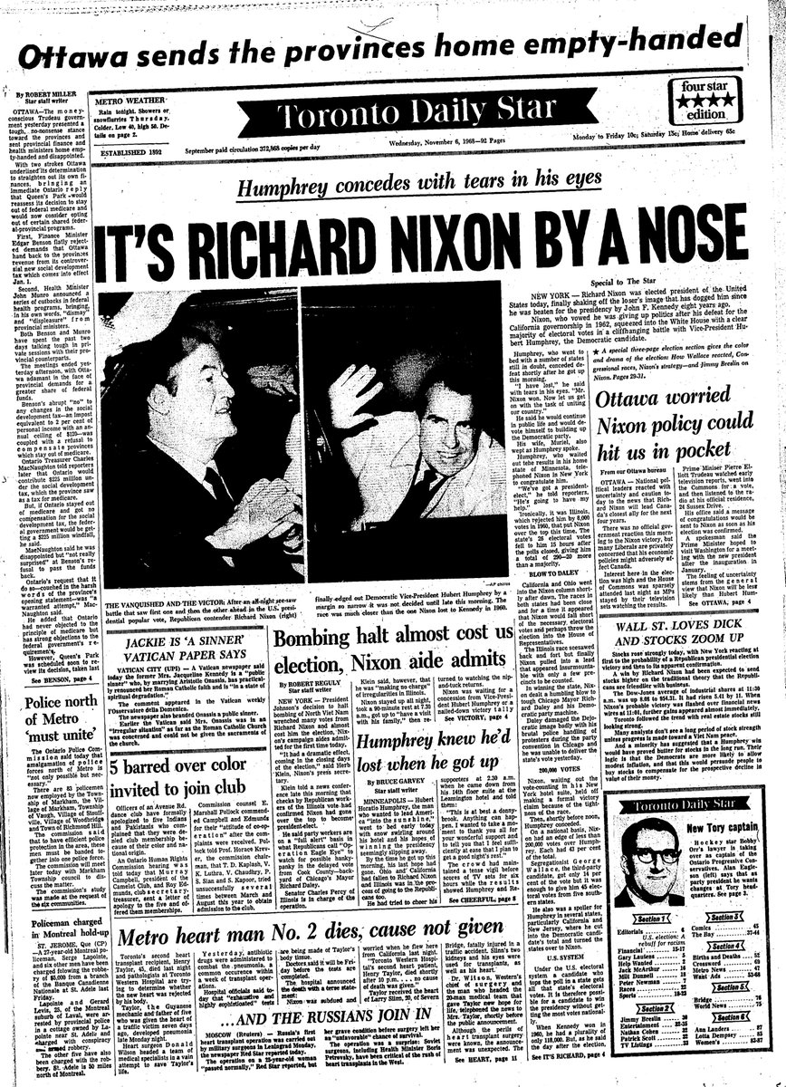 1968: After a year of turmoil, it’s “Nixon by a nose.” Humphrey concedes; Nixon shakes off his “loser’s image.” WALL ST. LOVES DICK, we’re told. Also: Vatican proclaims Jackie Kennedy a sinner for remarrying. And provinces want more cash from Ottawa, which sounds familiar.