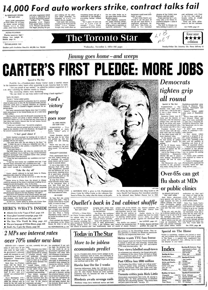1976: “Jimmy goes home — and weeps” after beating Ford in an election haunted by “Nixon’s ghost.” “The sun is rising on a beautiful new day,” Carter says in Georgia. The Star (15 cents) is still an afternoon paper but publishes several times a day. This is the four-star edition.