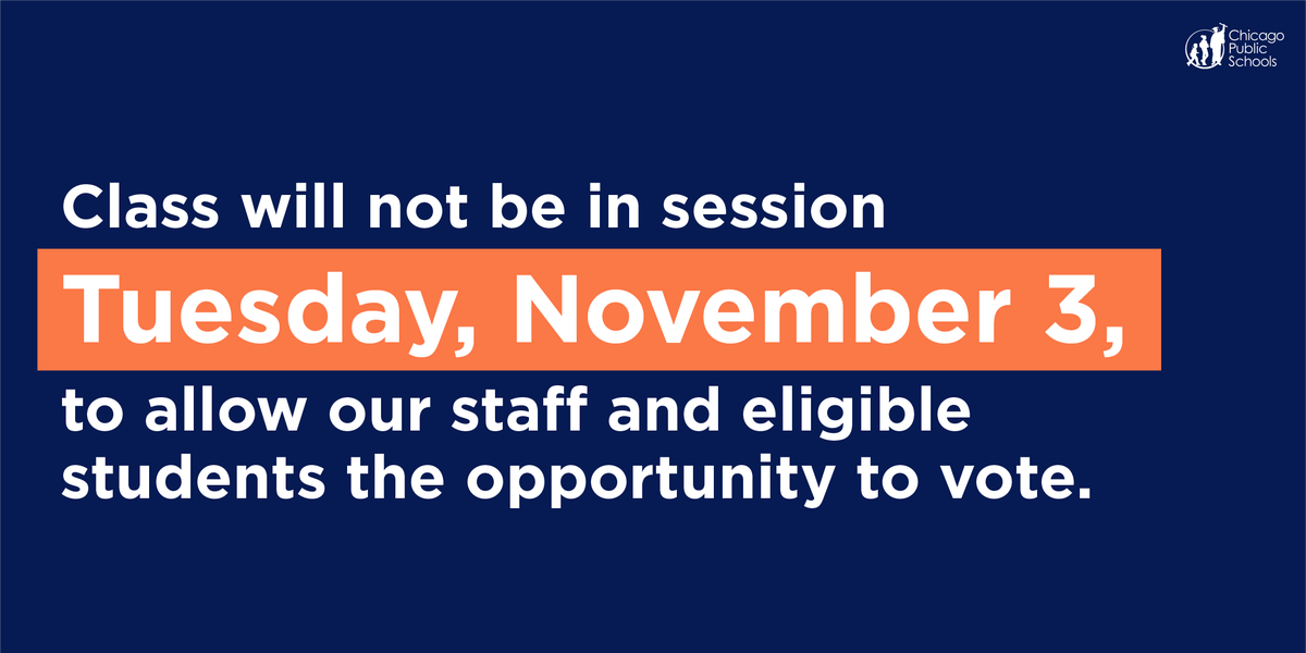 To give our staff and eligible students time to vote in today’s election, there will be no class or meal distribution tomorrow. 

For more info on voting in Chicago, visit: chicagoelections.gov
For #ElectionDay resources from <a href="/CPSCivicLife/">CPS Dept of Student Voice & Engagement</a>: bit.ly/CPSelection2020
