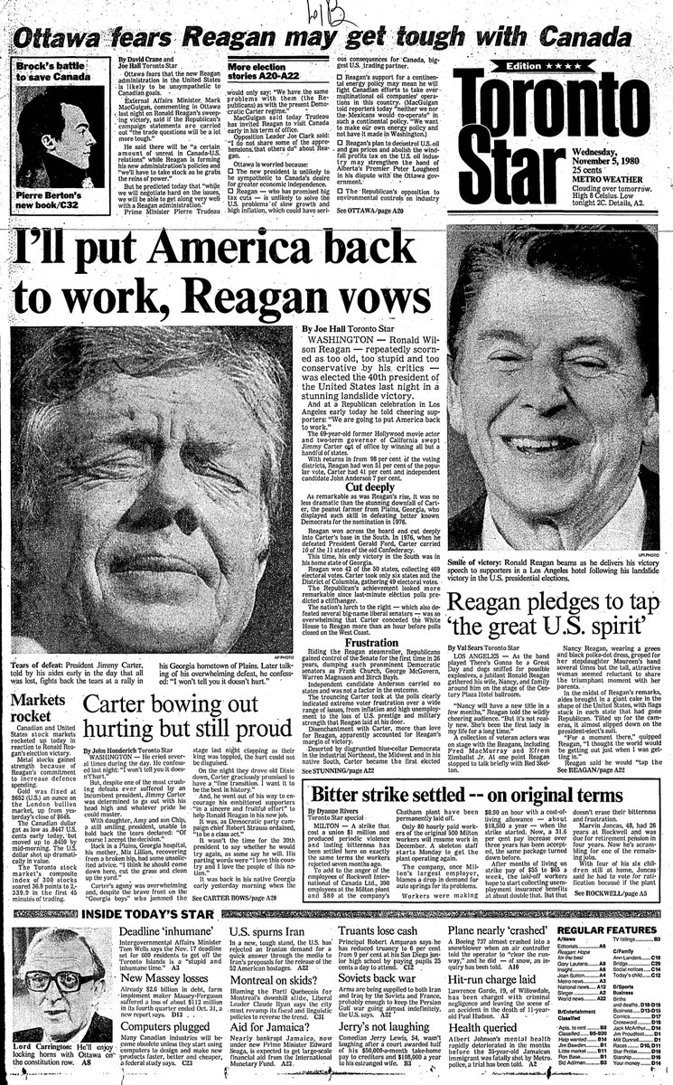 1980: Reagan vows to “put America back to work,” an echo of Carter’s headline promise four years earlier. Photos tell the story here. GOP wins Senate for first time in a generation. Paper is 25 cents (blame inflation). Maybe my least favourite version of the Star nameplate.