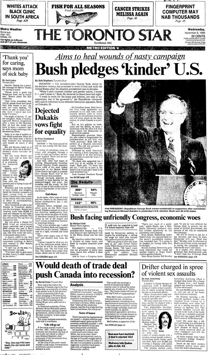 1988: Canada’s concerns include free trade and acid rain as George H.W. Bush defeats Michael Dukakis, pledging to heal the wounds of one of the “most vicious presidential campaigns in American history,” Bob Hepburn reports. Top throw marvels at a “fingerprint computer.”