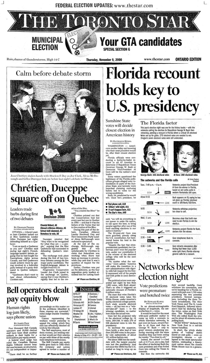 2000: “It’s President Bush” — or is it? After a “long roller-coaster of a night,” George W. Bush is declared the victor, Kathleen Kenna reports. But the next day’s paper leads on a recount in Florida, with a post-mortem on how TV networks twice “botched” the winning call ...