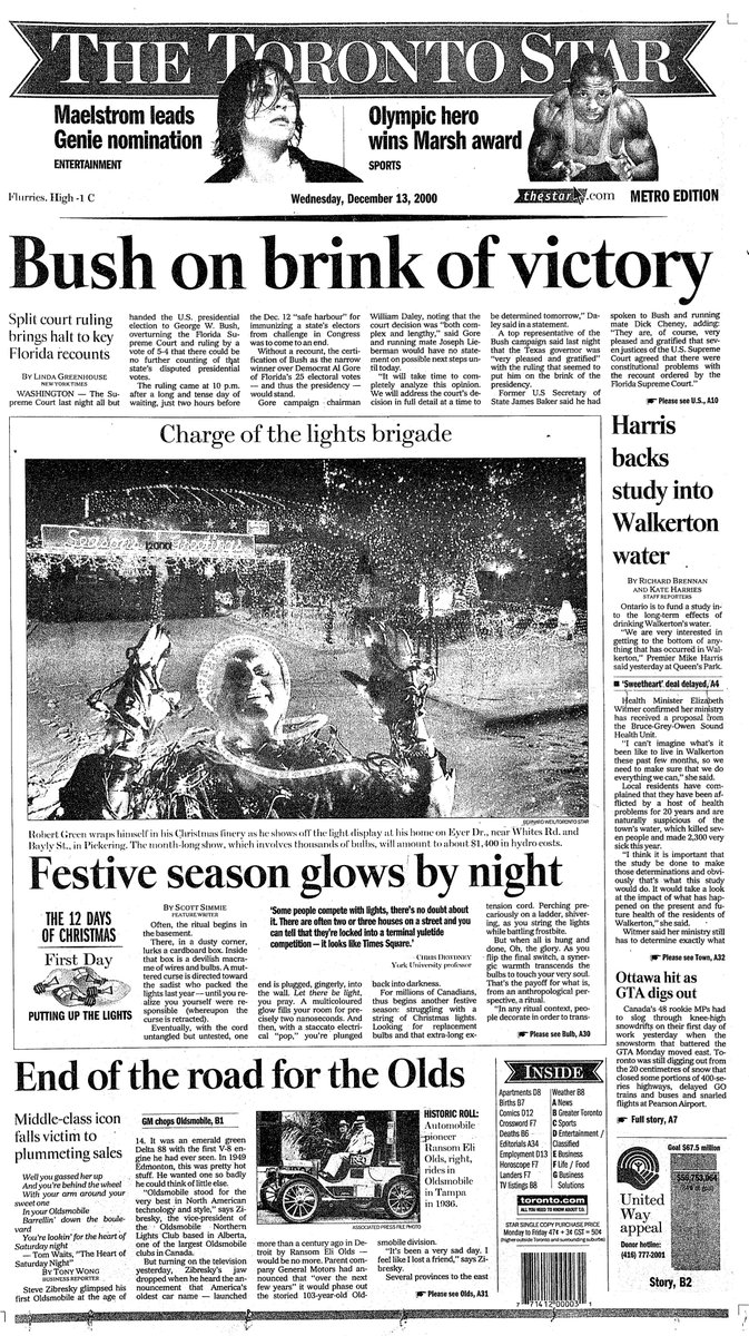 2000 (cont’d): The Star was one of many papers that had followed the networks’ lead, declaring victory for Bush in its late editions. The recount saga stretches on for weeks, until Dec. 13, when “Gore bows to Bush” after a Supreme Court decision.