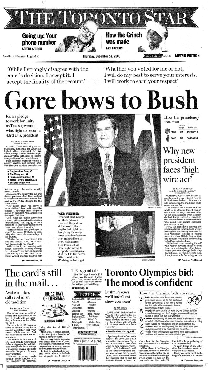 2000 (cont’d): The Star was one of many papers that had followed the networks’ lead, declaring victory for Bush in its late editions. The recount saga stretches on for weeks, until Dec. 13, when “Gore bows to Bush” after a Supreme Court decision.
