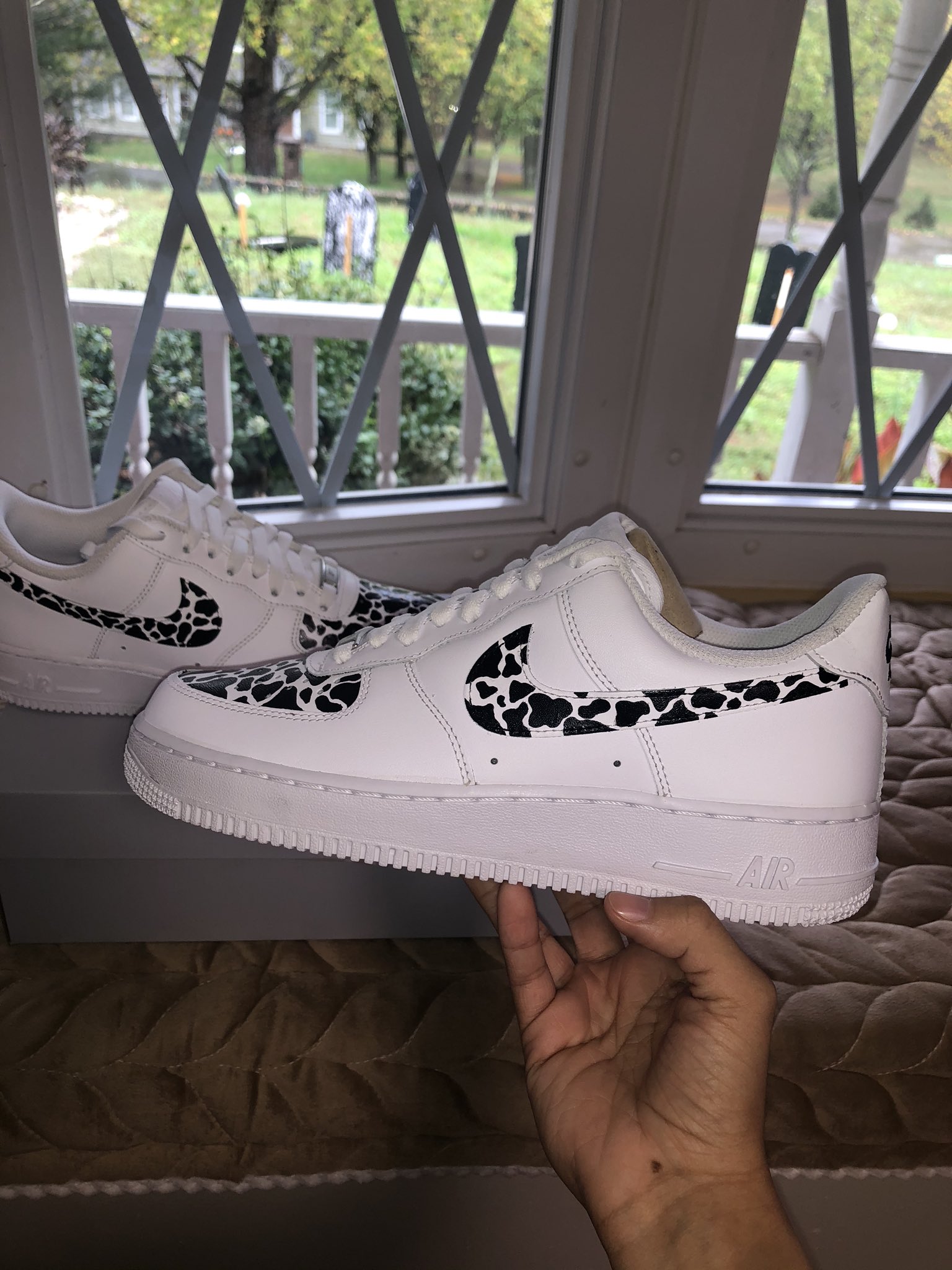 Cow print Af1s and Lakers themed Jordan 