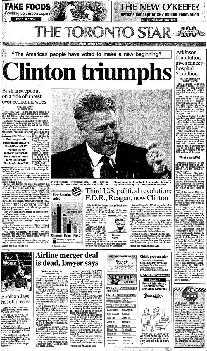 1992: Americans have “pinned their hopes on a new generation,” Linda Diebel writes, while Richard Gwyn sees a “political revolution” in Bill Clinton’s centrist approach. The Jays just won the World Series and the Star (with a 100th-birthday banner) costs 40 cents, including GST.