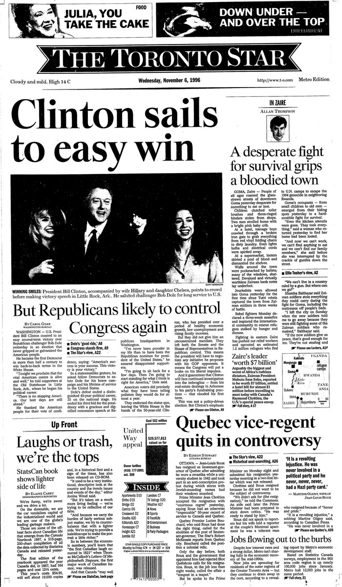 1996: “Clinton sails to easy win,” but he’ll face opposition — and ongoing investigations — from a GOP-controlled Congress, Carol Goar notes. Allan Thompson’s report on Zaire’s civil war also goes above the fold. Below the nameplate: an early web address for the Star.