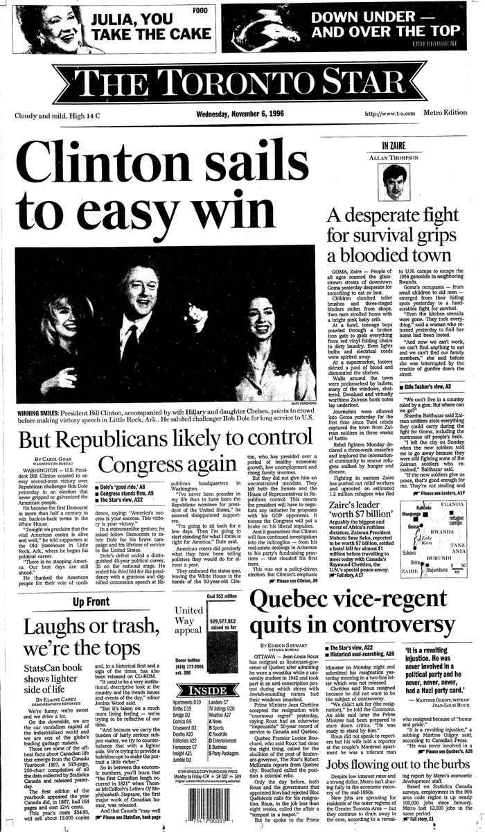 1996: “Clinton sails to easy win,” but he’ll face opposition — and ongoing investigations — from a GOP-controlled Congress, Carol Goar notes. Allan Thompson’s report on Zaire’s civil war also goes above the fold. Below the nameplate: an early web address for the Star.