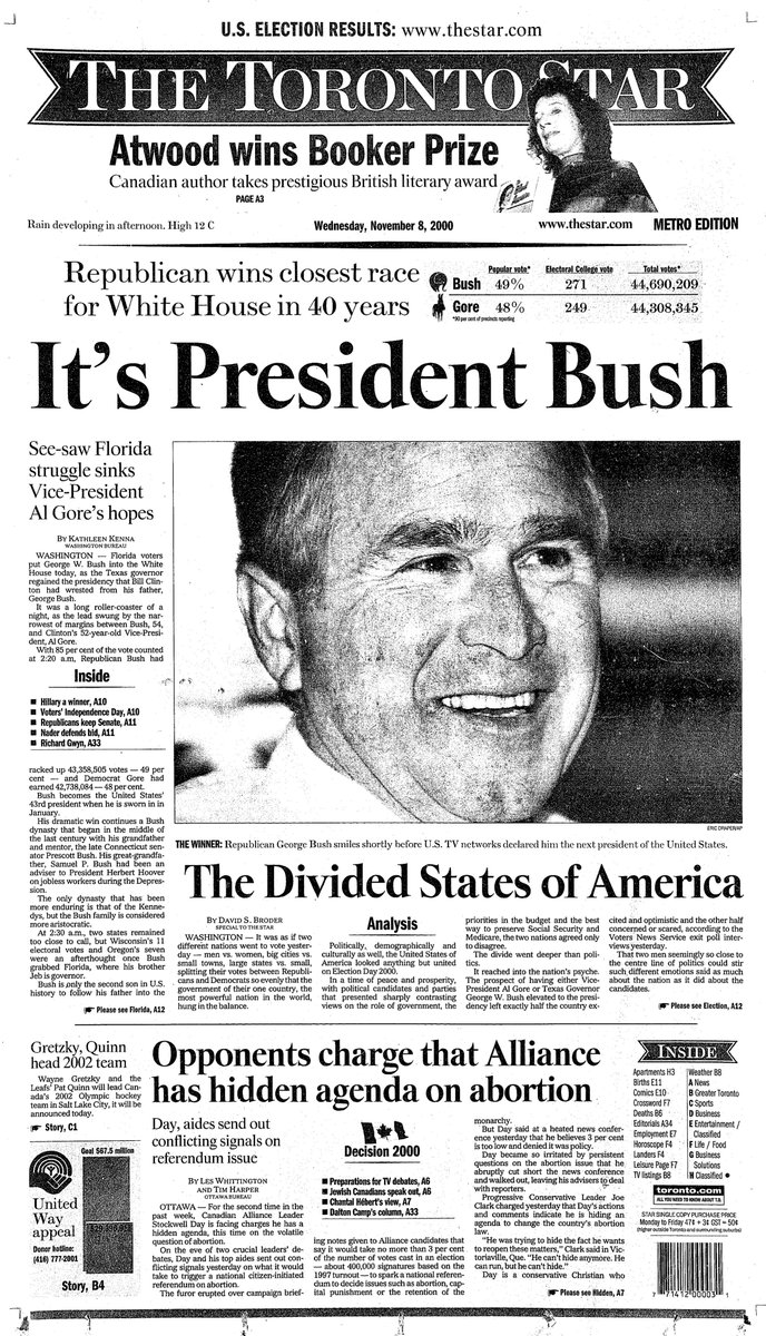 2000: “It’s President Bush” — or is it? After a “long roller-coaster of a night,” George W. Bush is declared the victor, Kathleen Kenna reports. But the next day’s paper leads on a recount in Florida, with a post-mortem on how TV networks twice “botched” the winning call ...