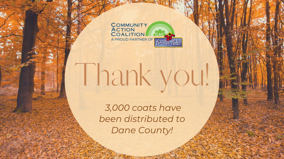 CACSCWI's tweet photo. As we're wrapping up the Dane County Koats for Kids Drive, we wanted to give a huge THANK YOU to everyone who volunteered, participated, shared the posts, and made this event happen! Almost 3,000 coats were distributed to Dane county residents alone! https://t.co/v5yzboj730