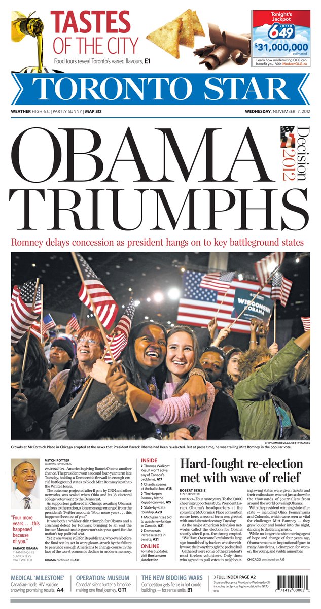 2012: Democrats hold the White House in a “whisker-thin triumph for Obama and a crushing defeat for Romney,” Mitch Potter writes. Robert Benzie reports from Chicago, where young voters cheer Obama’s win. The paper that once cost a cent now costs a dollar — still a good deal.