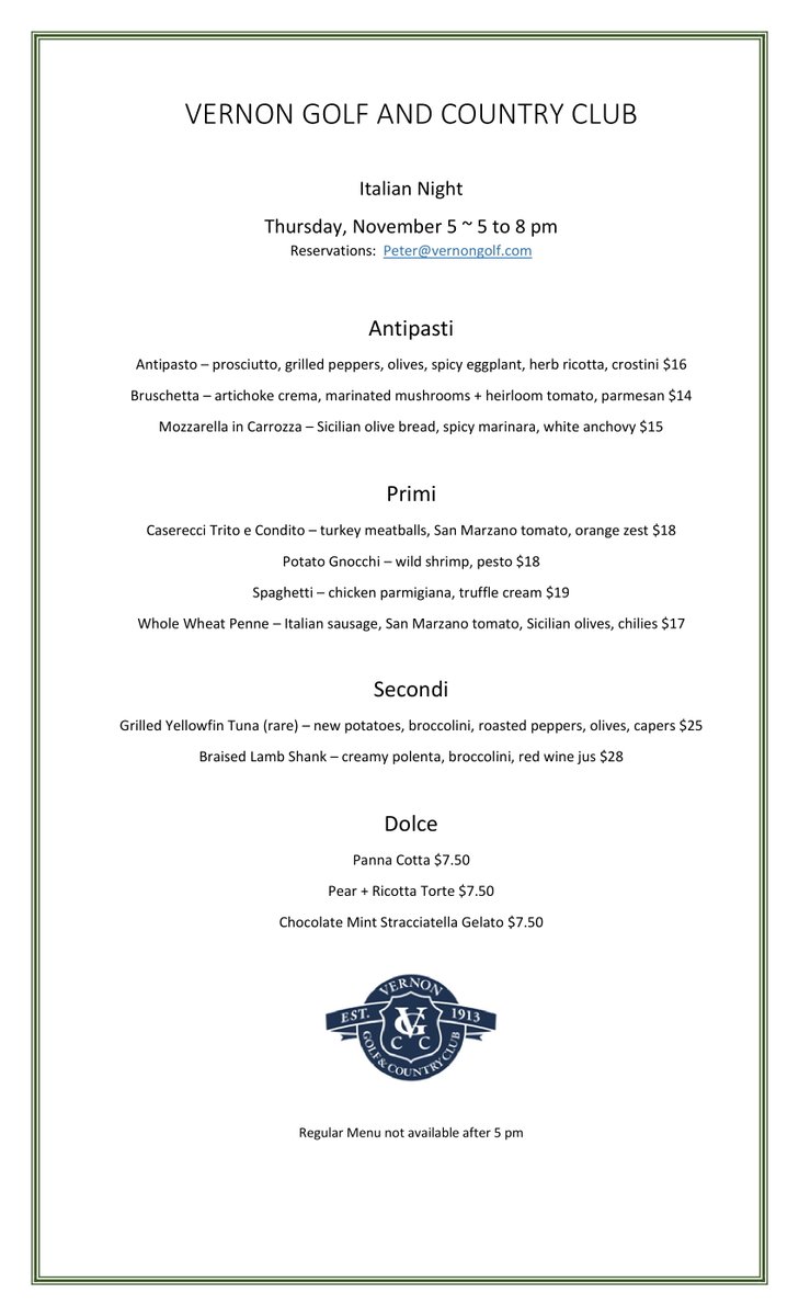 Join us at the Clubhouse for Italian Night - This Thursday November 5th! #vernongolfandcountryclub