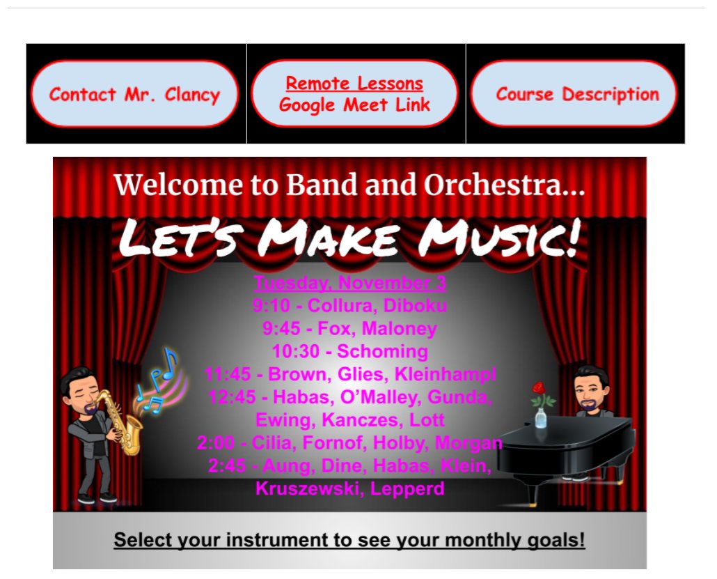 Lesson schedule for Tuesday, November 3, 2020.
If you normally have a lesson on Tuesday, please use the "Remote Lessons Google Meet Link" to join your class.