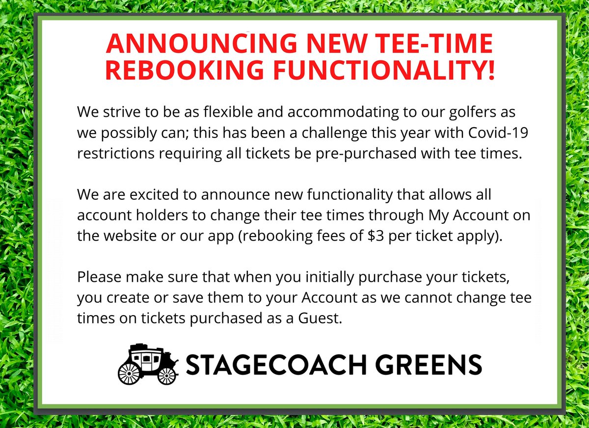 PRO TIP!  You can now reschedule your tee times from My Account on the app or website!  (Rebooking fees apply)