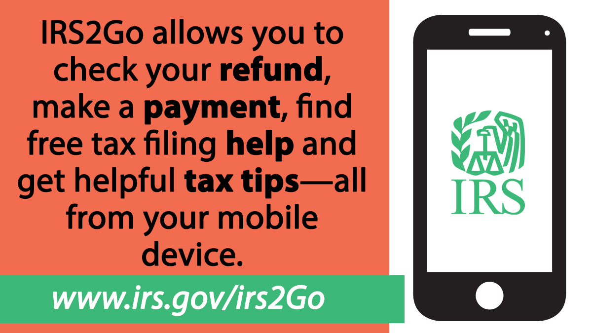 IRSnews's tweet photo. #IRS mobile app is available in English and Spanish and free to download on any iOS or Android device. Use the app to check your refund, make a payment, find free tax filing help and get helpful tax tips. https://t.co/OGUay5dDtv #IRS2Go https://t.co/GQu5kLFPeC