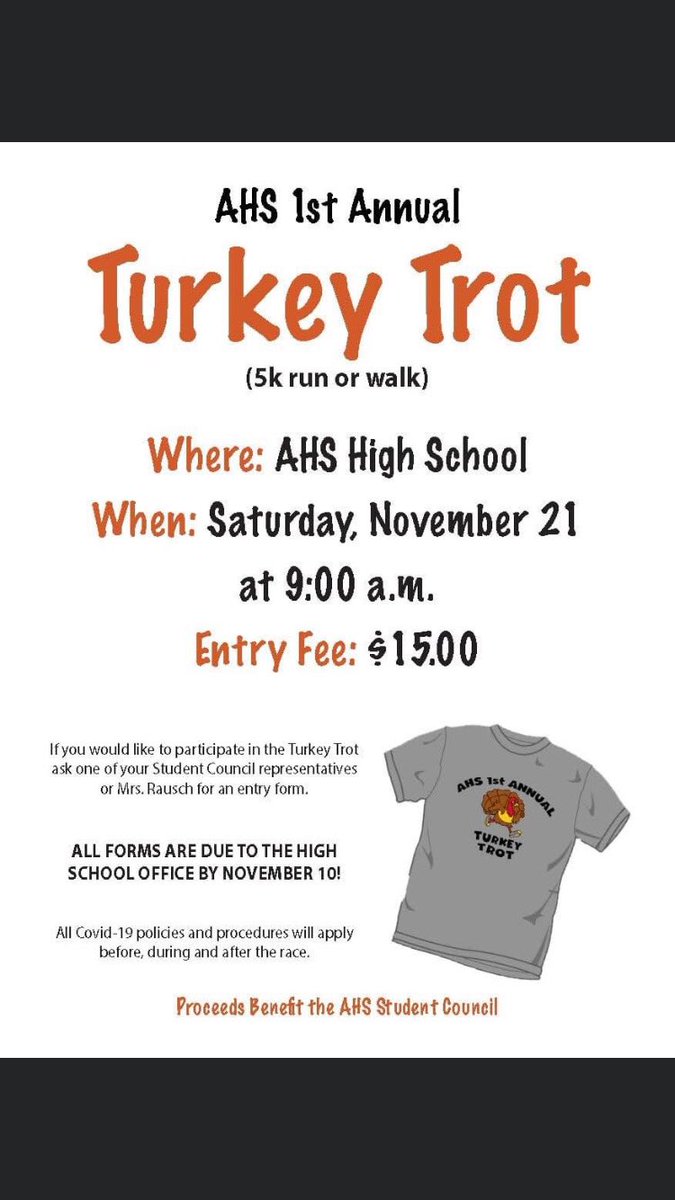 nikki_fishpaw's tweet photo. Hi everyone! Ayersville High School is very excited to host the first annual Turkey Trot 5k run/walk! Let me know if you’re interested!! @pilotsprincipal https://t.co/4A3o3oerFi