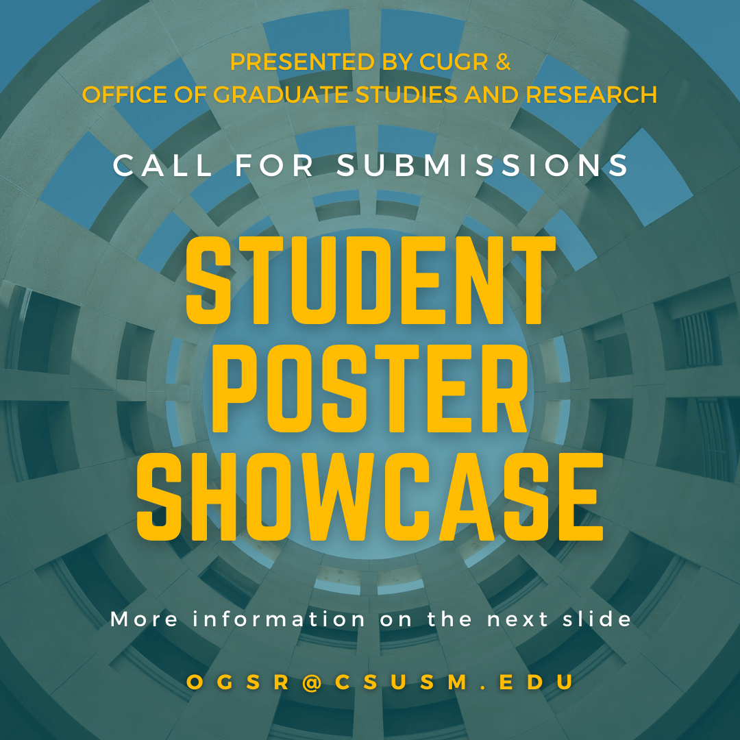csusmogsr's tweet photo. OGSR is now accepting applications for the 2020 Student Poster Showcase! Applications are due November 17th and the link to apply can be found by following OGSR's linktree link: https://t.co/PfWvAWG0Eb.
#csusm #csusmogsr #csusmSPS #StudentPosterShowcase2020 https://t.co/SQ3JTuEHXq