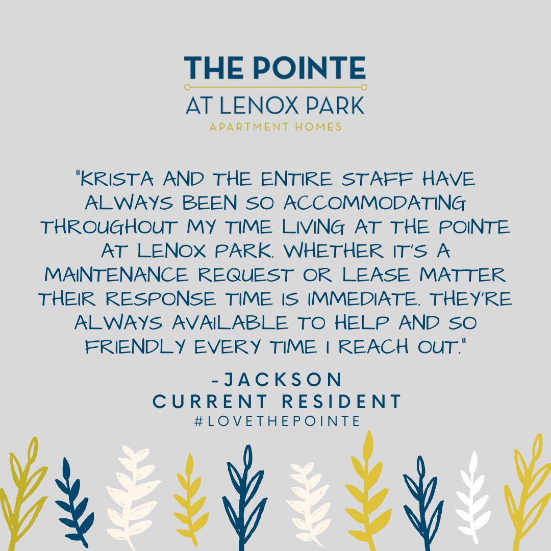 Residents like YOU make The Pointe at Lenox Park so special! Thank you for your kind words, Jackson. We appreciate you! 
#lovethepointe #pointelenodxpark #hallowin #pointeresidentsrock #rampartnersllc #smartmove #smartlife