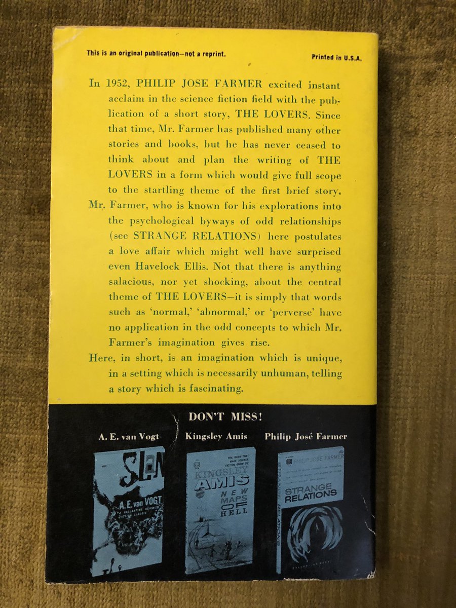 There will be a lot of Philip Jose Farmer in this thread. “The Lovers” is a major milestone in the history of sex in science fiction.  #SinInSpace