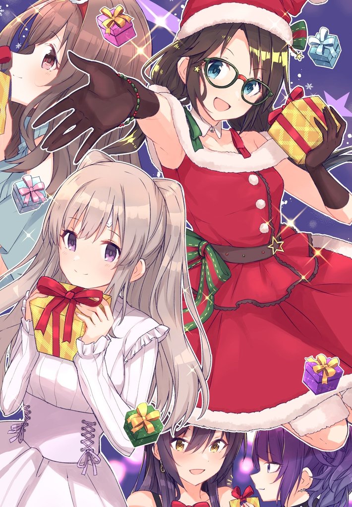 shirase sakuya ,tanaka mamimi ,tsukioka kogane ,yukoku kiriko multiple girls santa hat gift hat gloves dress smile  illustration images