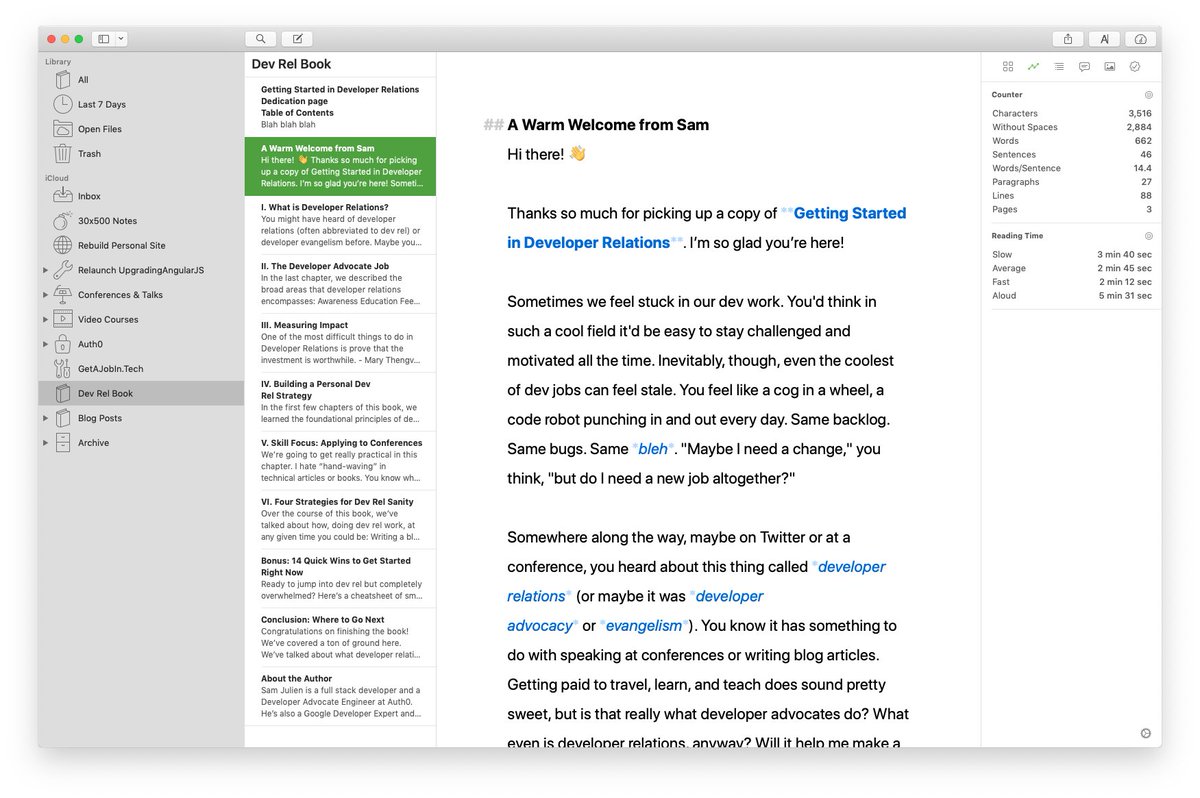 I wrote the book in  @ulyssesapp and it turned out to be a great platform for writing and for generating the final PDF. Ulysses has a custom styling format (basically "CSS lite") that let me shape the book how I wanted without too much hassle.