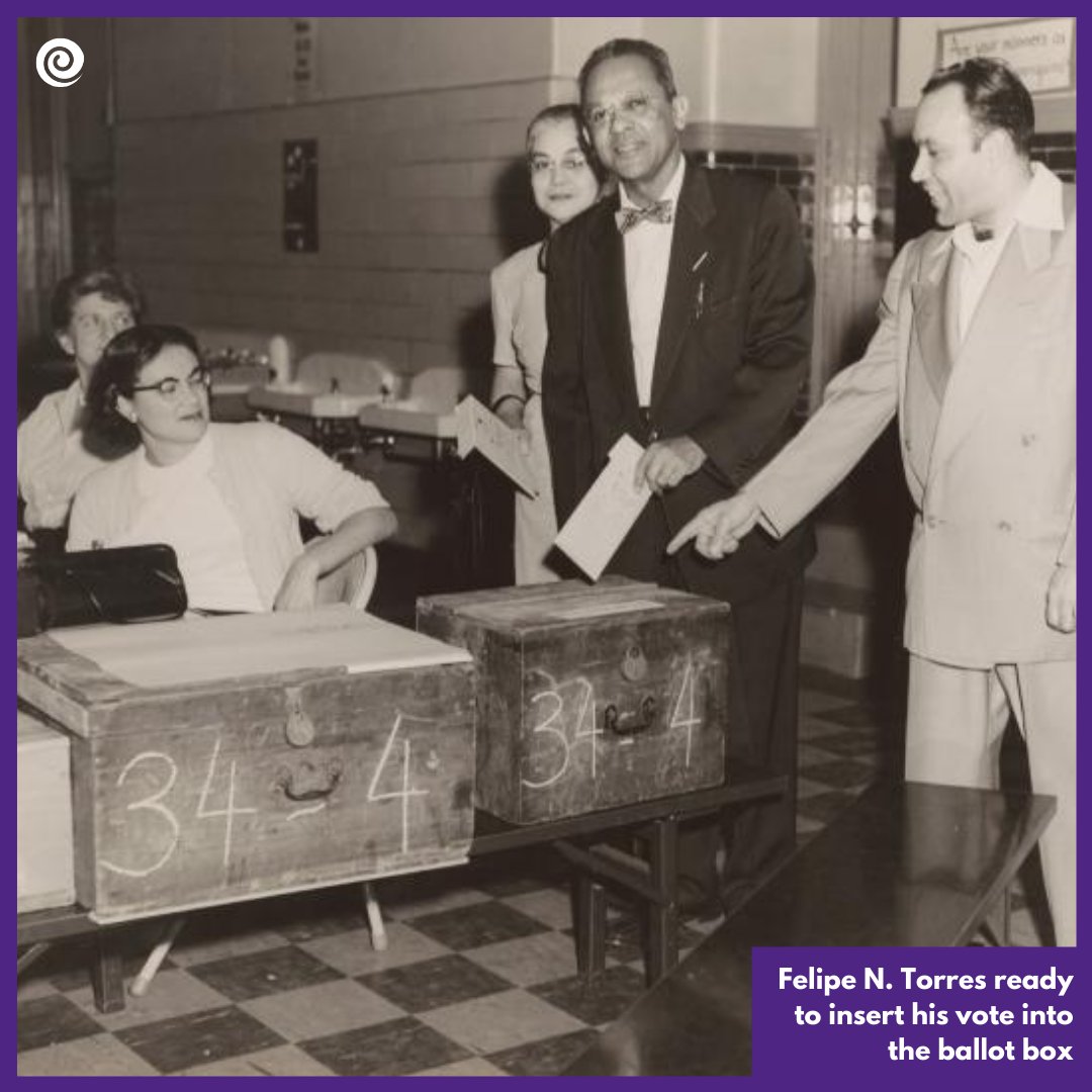 CentroPR's tweet photo. Assemblyman Felipe N. Torres, the first Puerto Rican Judge of the Family Court, and his wife Inocencia, ready to insert their ballots into the ballot box as two women and a man look on. #PRVoting https://t.co/t3cPXSNIwI
