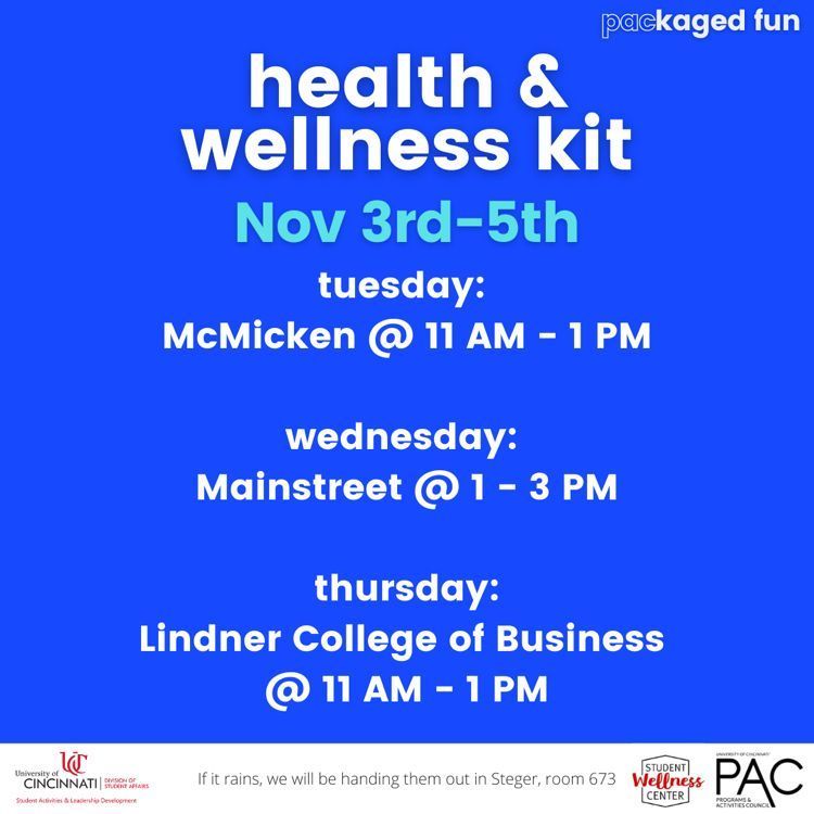 So...Halloween weekend may have taken a lot out of you...That’s okay😍

BECAUSE:

We are giving out FREE HEALTH &amp; WELLNESS BAGS all round campus this week🤠 

Come by our tables on Tuesday, Wednesday or Thursday and get your self help back in order😌