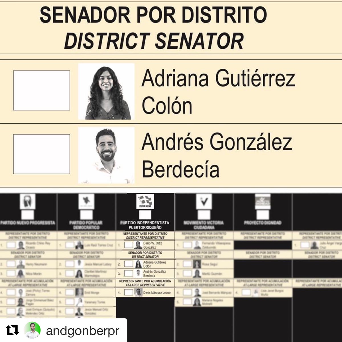 RadioIndePR's tweet photo. #OcupemosElSenado en el Distrito de San Juan, Aguas Buenas y Guaynabo.

¡En la papeleta legislativa vota por @agutierrezcolon y @andgonberPR . 

#PatriaNueva https://t.co/PlbRiduWZ4