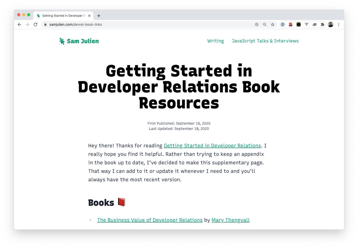 Rather than have an appendix of resources at the end of the book, I created a page on my site that I linked to at the end of each chapter. That way I don't have to release a new version of the book every time I want to tell readers about a new resource.  https://www.samjulien.com/devrel-book-links