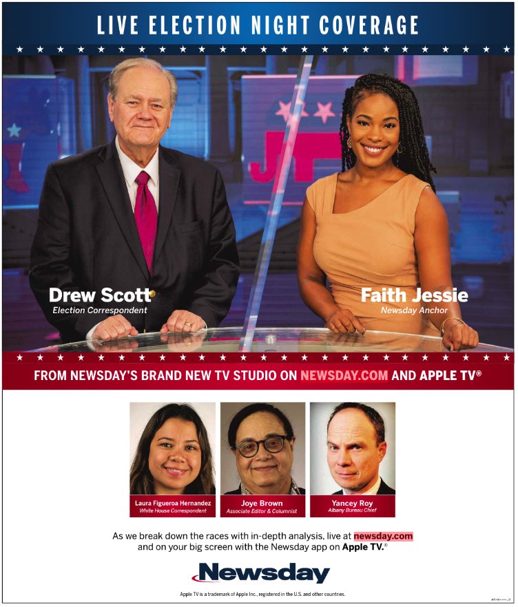 David J. Criblez (@davidjcriblez) on Twitter photo Tune into <a href="/Newsday/">Newsday</a> for full Election coverage w/<a href="/FJessieTweets/">Faith Jessie</a> <a href="/DrewScott_TV/">Drew Scott</a> <a href="/joyebrown/">joyebrown</a> <a href="/YanceyRoy/">Yancey Roy</a> <a href="/Laura_Figueroa/">Laura Figueroa Hernandez</a> from its brand new TV studio! See you at newsday.com, coverage begins at 9pm! #LIVotes #Election2020 Tune into <a href="/Newsday/">Newsday</a> for full Election coverage w/<a href="/FJessieTweets/">Faith Jessie</a> <a href="/DrewScott_TV/">Drew Scott</a> <a href="/joyebrown/">joyebrown</a> <a href="/YanceyRoy/">Yancey Roy</a> <a href="/Laura_Figueroa/">Laura Figueroa Hernandez</a> from its brand new TV studio! See you at newsday.com, coverage begins at 9pm! #LIVotes #Election2020