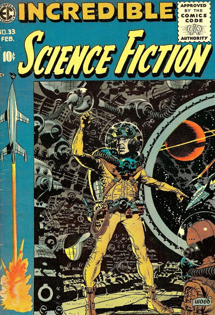Wood encouraged EC to develop more science fiction comics, his most well loved work, and in titles like Weird Science cemented the bubble helmet aesthetic of the time. Will Eisner even tapped Wood to take over for him on the Spirit in Outer Space arc.