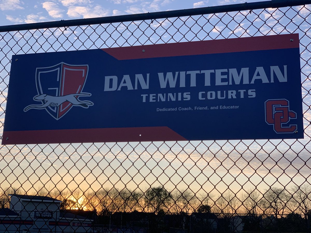 GreyhoundScores's tweet photo. Next time you visit GC, stop by to see the new sign on the courts!!  Congratulations Coach Witteman!   As Coach Susi said, “We are all better for knowing you.”  Thank you, Coach! https://t.co/TKQIapk3Nr