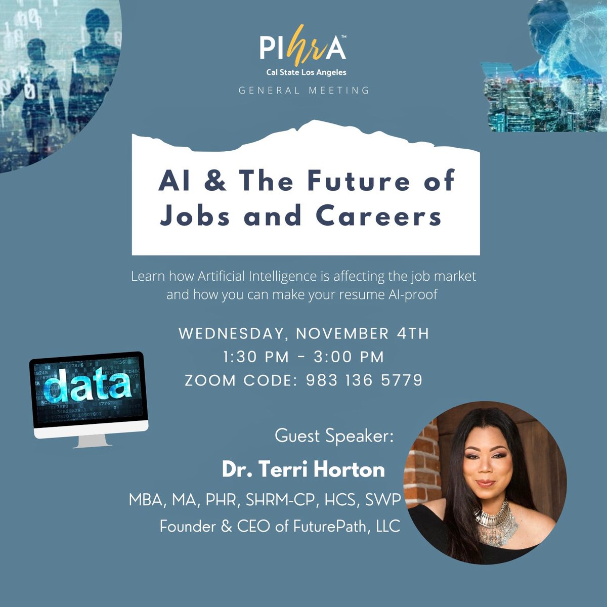 CSULA_PIHRA's tweet image. -This Wednesday, November 4th from 1:30 PM - 3:00 PM 

-Learn about how Artificial Intelligence is affecting the job market and how you can make your resume stand out from Dr. Terri Horton; Founder &amp;amp; CEO of FuturePath LLC. 💻 😊

Use the code below ⬇️⬇️⬇️

Zoom Code: 983 136 5779
