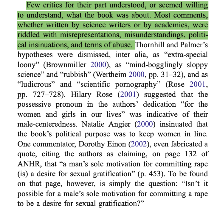 This is fair & balanced review! Highlighting, that while some feminist reactions were off the mark, ANHR truly fails in its arrogant opposition of (non-evol) social science knowledge, & in pitting staw (wo)men models of rape as ALL about power vs ALL about sex against each other.