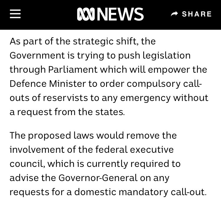 looks like Morrison wants to give the defence minister - a proxy for the prime minister - authority to override the executive council - which is probably a proxy authority to override reserve powers of the GG - as well as the reserve powers of the states.