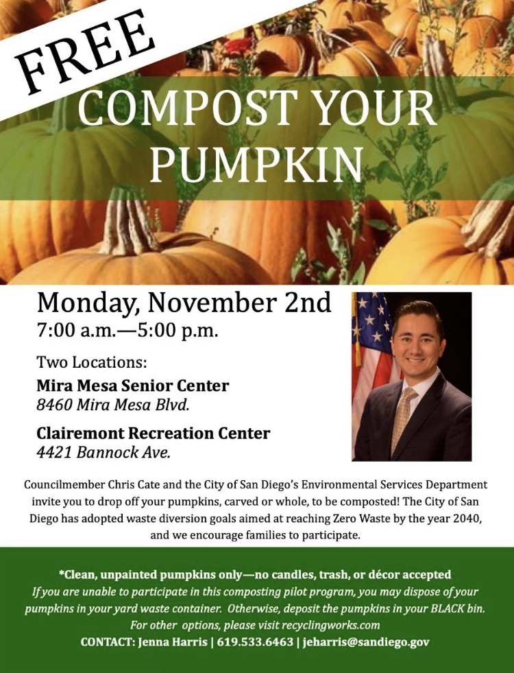 Is your pumpkin looking sad because Halloween is over? Drop off clean, unpainted pumpkins today by 5pm at Mira Mesa Senior Center or Clairemont Recreation Center to be composted! 

#compost #pumpkins