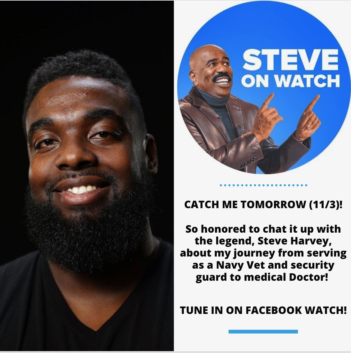 drrussellledet's tweet photo. Check me out on SteveOnWatch on @FacebookWatch tomorrow (11/3)!

Thank you @IAmSteveHarvey for fulfilling a lifelong dream. Chatting with you changed my life and those were tears of joy and #blackboyjoy🖤

#bootless https://t.co/bsucenAcgS