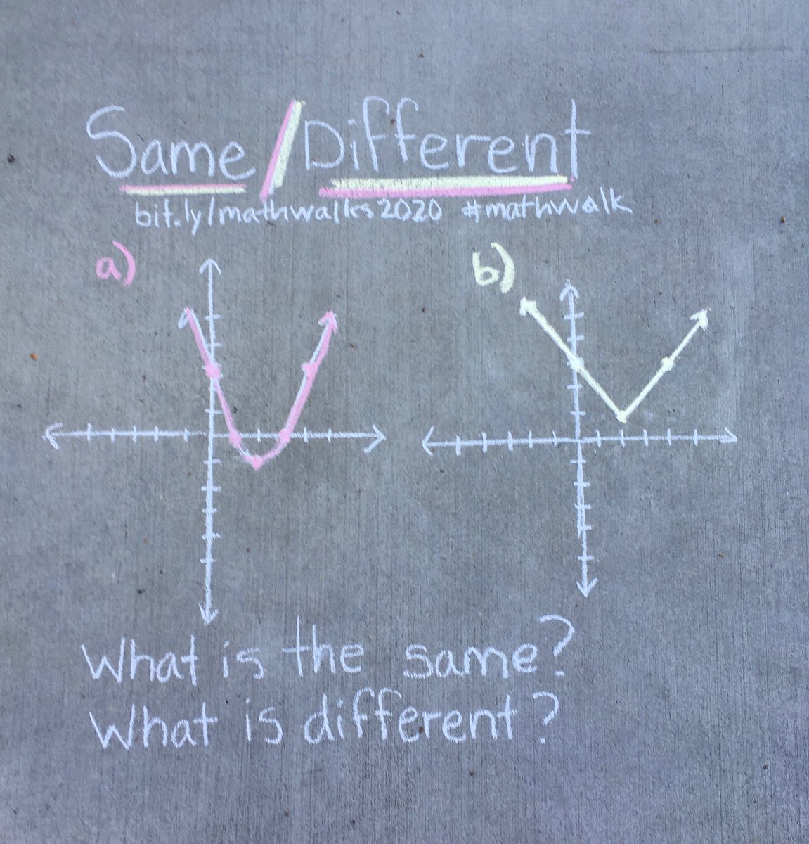 traciteacher's tweet photo. Went on my first HS campus #mathwalk today. Just a few Ss and Ts will see it. Can't wait for busy (safe) halls again. Inspired my @CPMmath IM2 content #mathgraffiti #sidewalkmath #MTBoS #iteachmath #samedifferent https://t.co/b6y9Mz1Qla